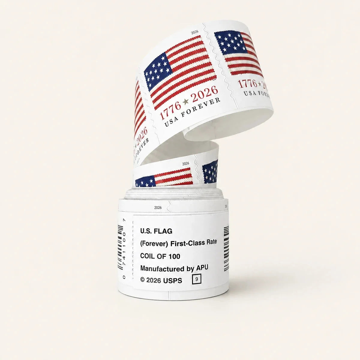 2026 U.S. Flag stamp roll with knitted flag and anniversary dates