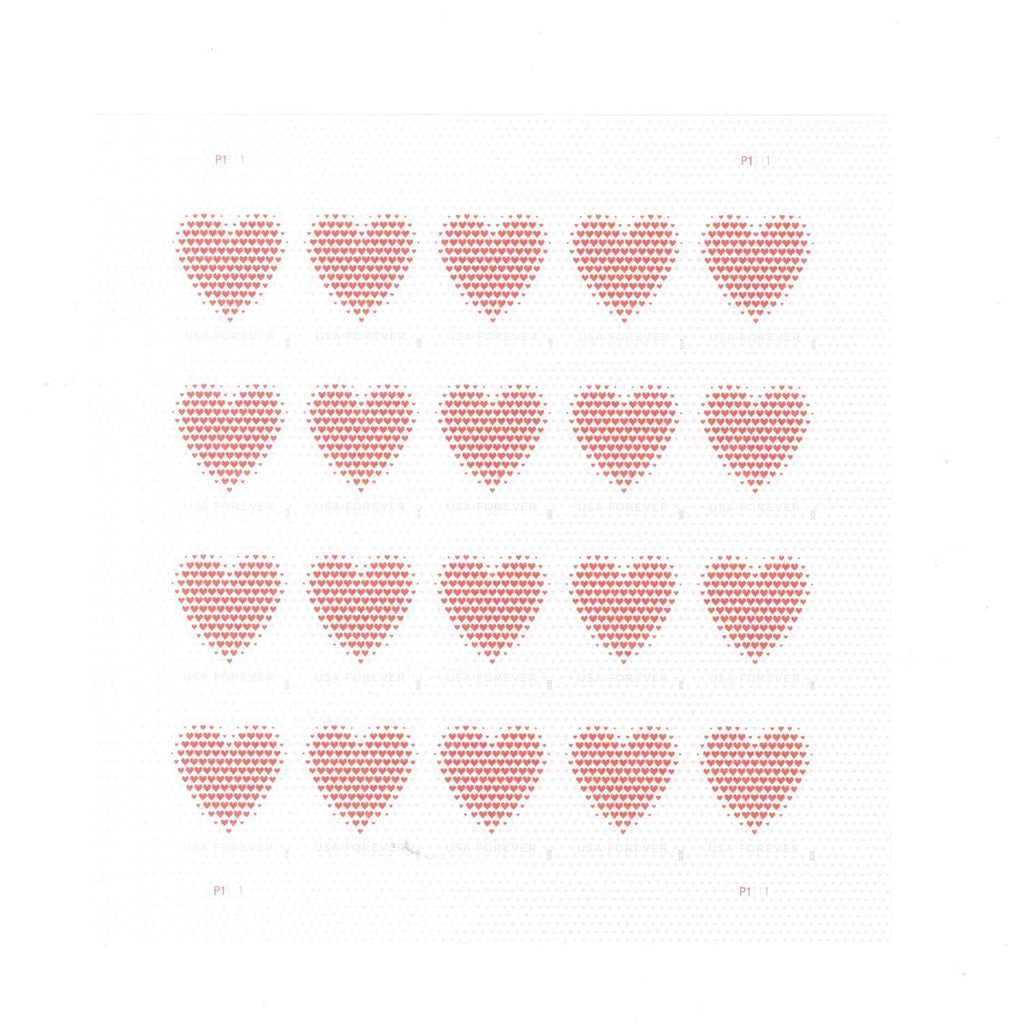 Made of Hearts Forever stamp sheet with pale heart design