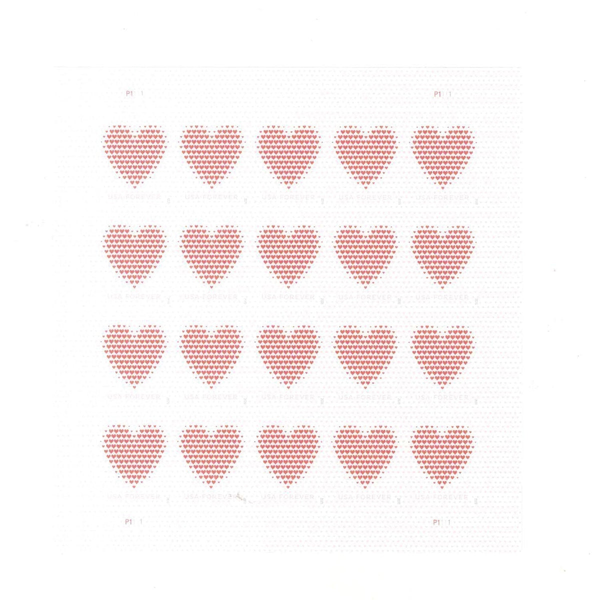 Made of Hearts Forever stamp sheet with pale heart design