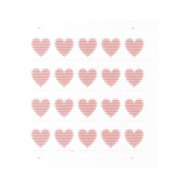 Made of Hearts Forever stamp sheet with pale heart design