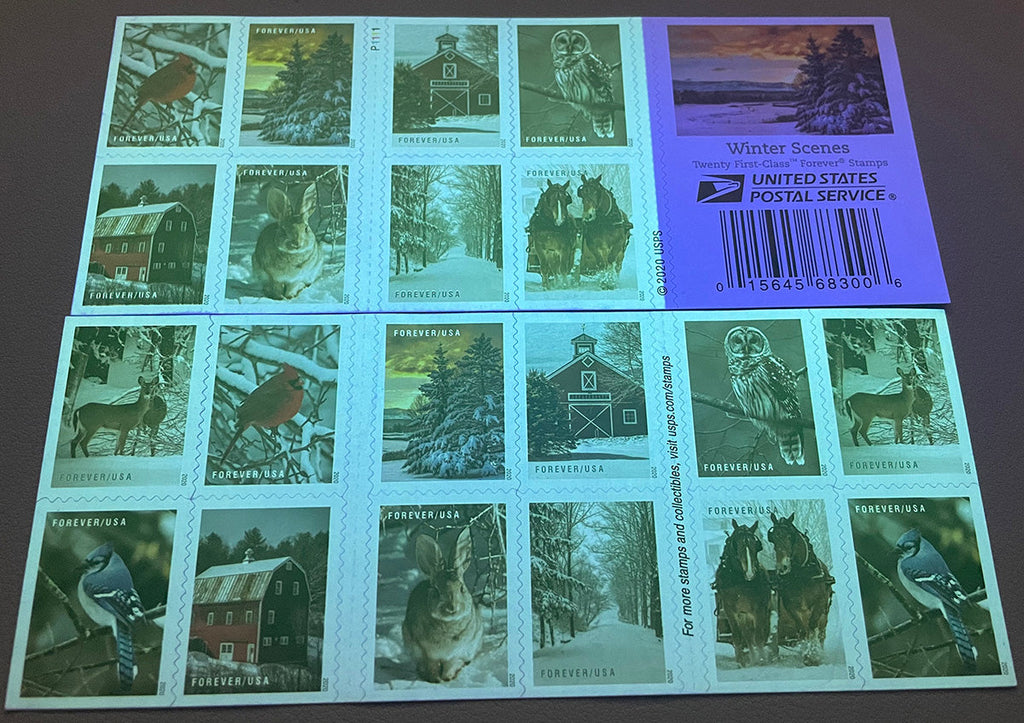Winter Scenes stamp booklet under ultraviolet authentication light