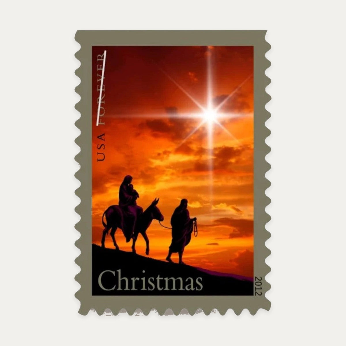 2012 Holy Family Forever stamp depicting Joseph, Mary and infant Jesus beneath a bright star
