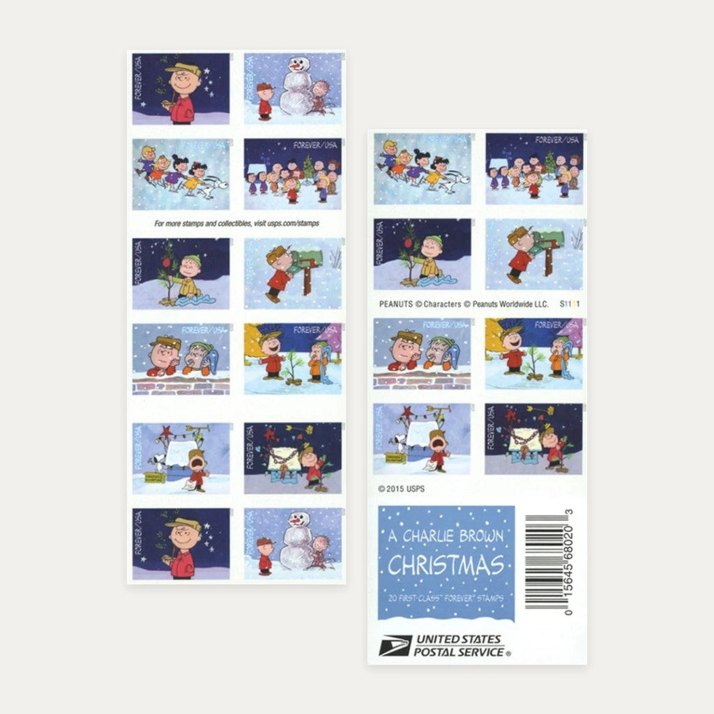 Front and back of a 20-stamp A Charlie Brown Christmas Forever postage booklet issued in 2015