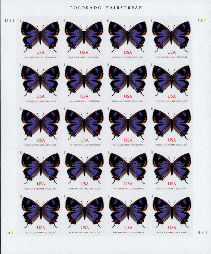 Sheet of 20 2021 "Colorado Hairstreak" USA stamps featuring identical purple and black butterflies with orange spots, labeled "NON-MACHINABLE SURCHARGE" below each stamp. Main image
