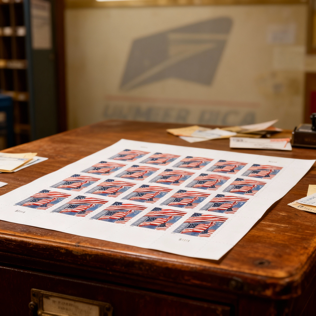 2022 U.S. Flag Forever stamp sheet on a counter