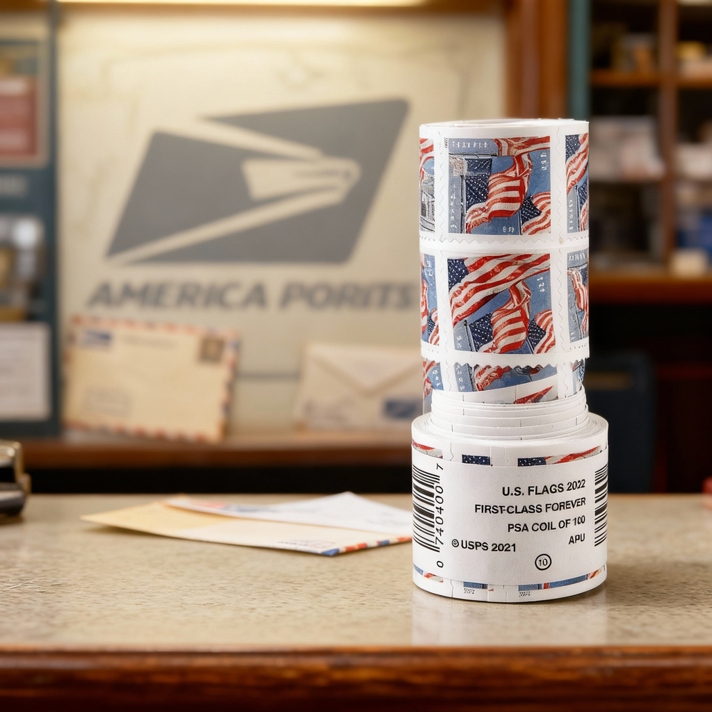 2022 U.S. Flag Forever stamp roll on a counter