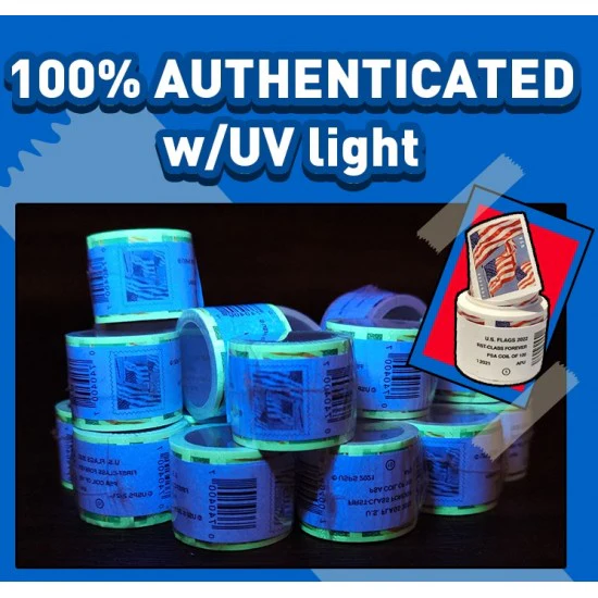 Postage stamp rolls and booklets shown under ultraviolet authentication light