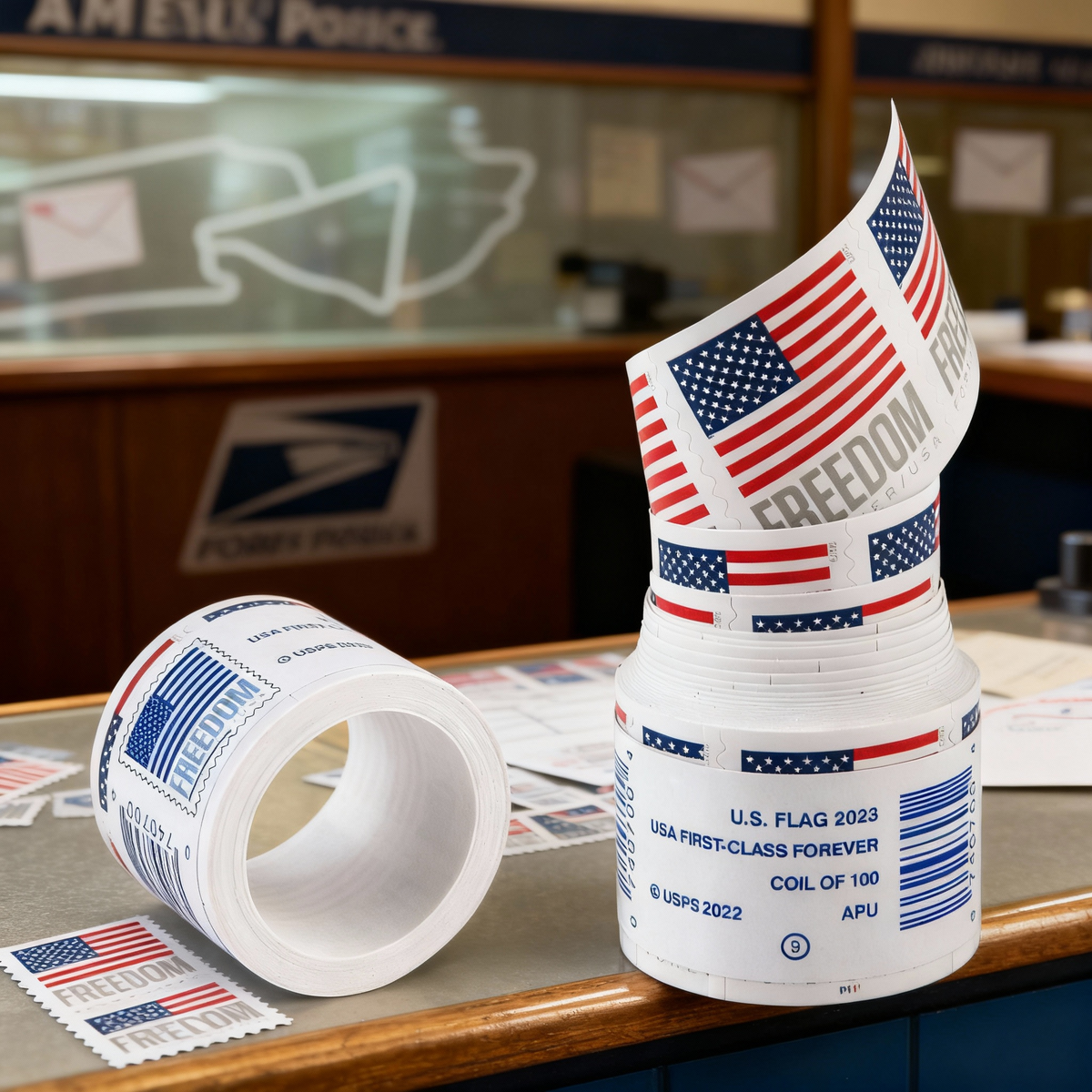 2023 U.S. Flag Freedom stamp rolls on a counter