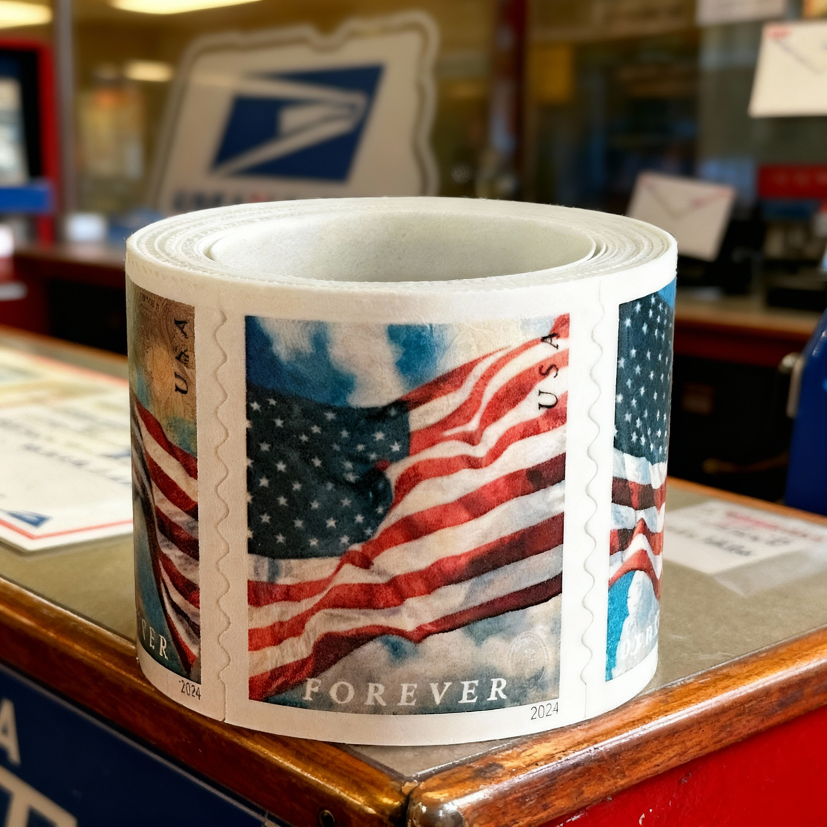 2024 U.S. Flag Forever stamp roll on a counter