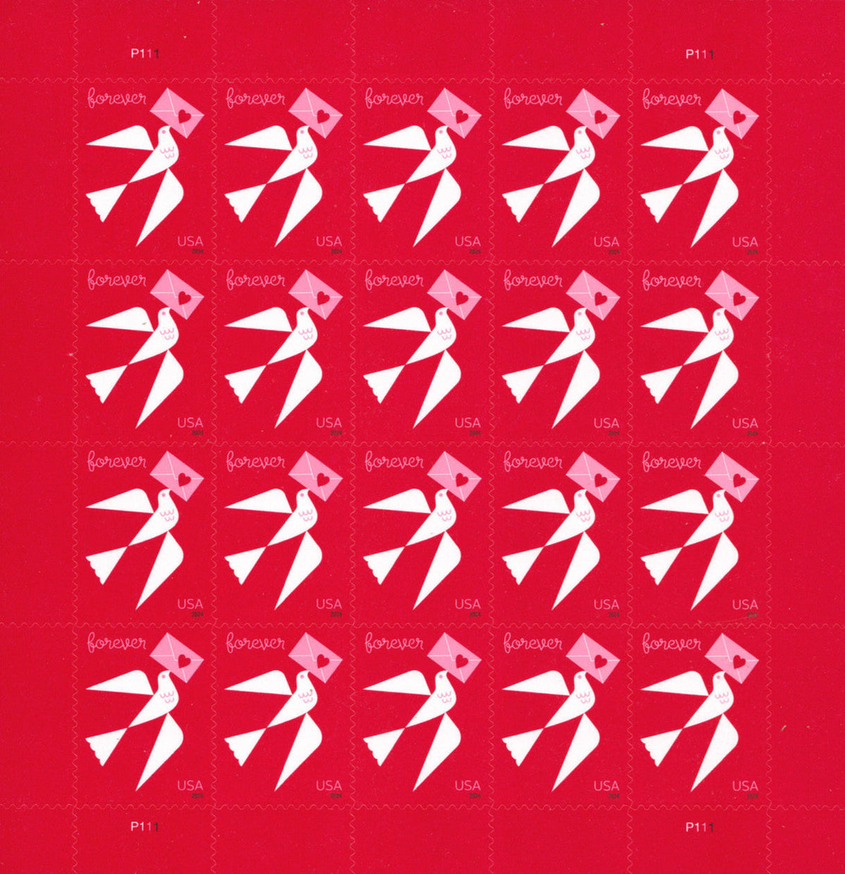 Sheet of 20 US Love series Forever stamps on red background featuring white and pink origami crane designs, arranged in a 4x5 grid with "forever" and "USA" text on each stamp. Main image
