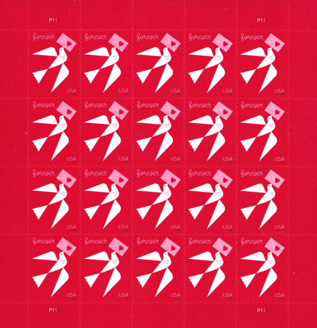 Sheet of 20 US Love series Forever stamps on red background featuring white and pink origami crane designs, arranged in a 4x5 grid with "forever" and "USA" text on each stamp.