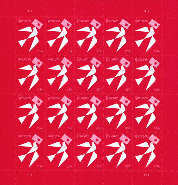 Sheet of 20 US Love series Forever stamps on red background featuring white and pink origami crane designs, arranged in a 4x5 grid with "forever" and "USA" text on each stamp.
