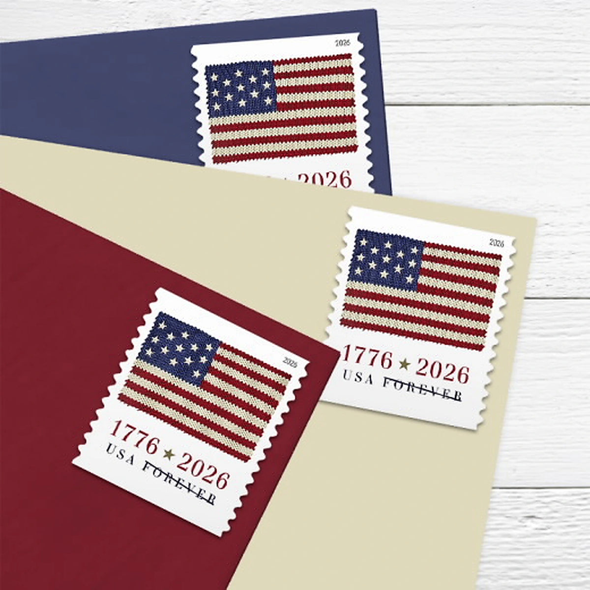 Three 2026 U.S. Flag stamps shown on envelopes