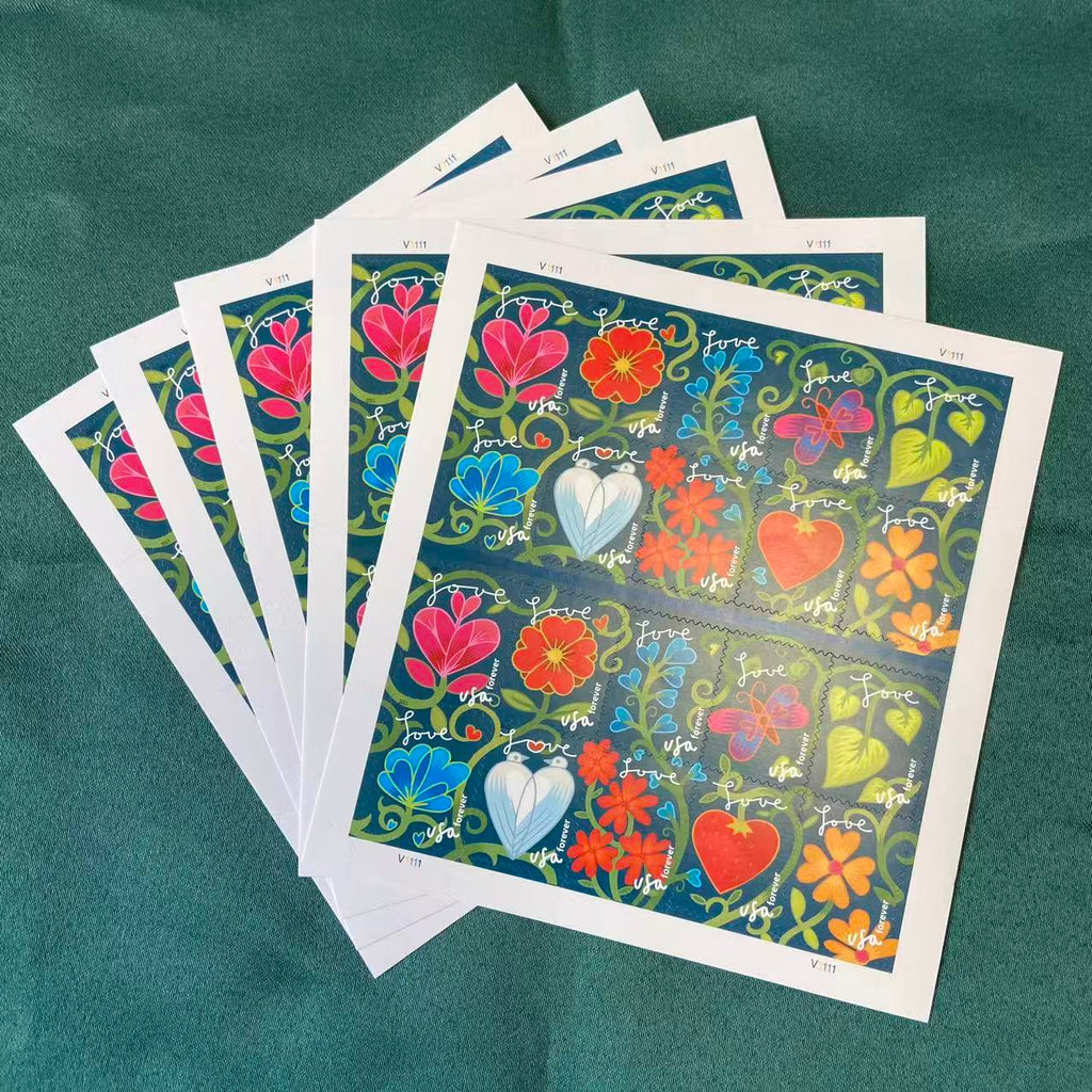 Stacked Garden of Love Forever stamp sheets