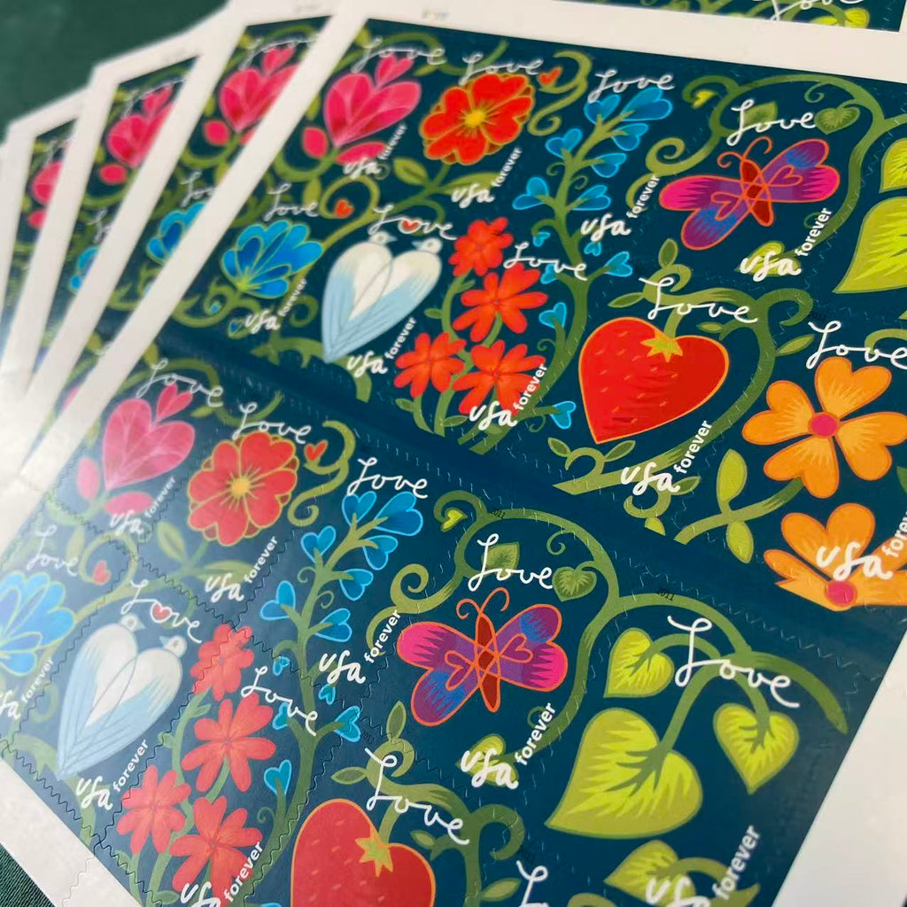 Garden of Love Forever stamp sheets close-up
