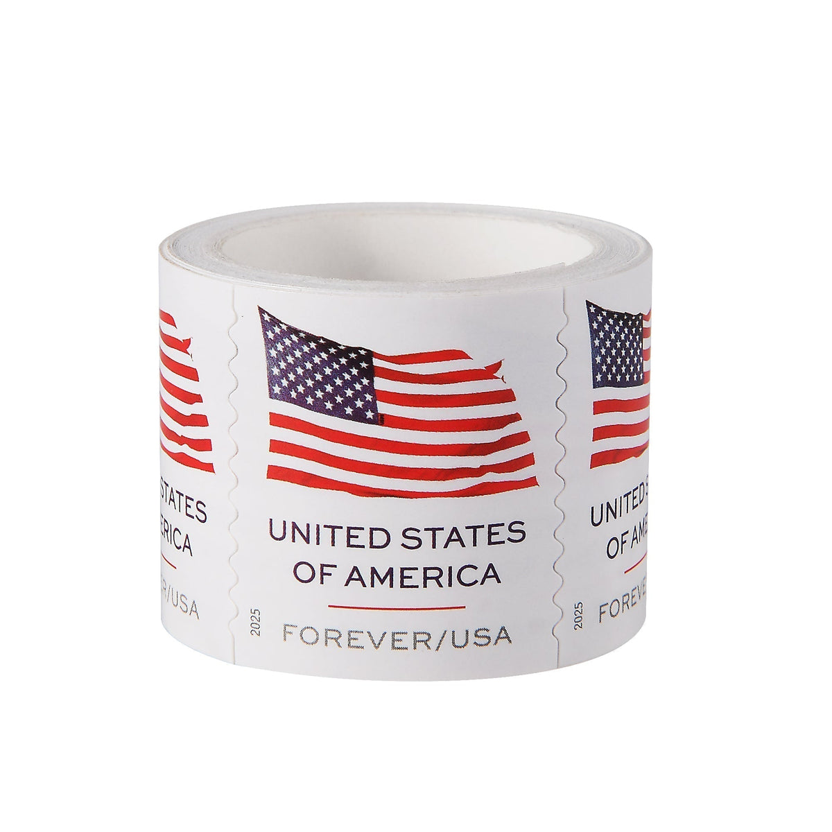 Roll of United States postage stamps featuring the American flag with red, white and blue stripes and stars, labeled "UNITED STATES OF AMERICA" and "FOREVER/USA" with perforated edges between individual stamps. Main image