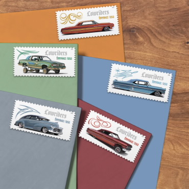 Four Lowriders Forever stamps shown on envelopes