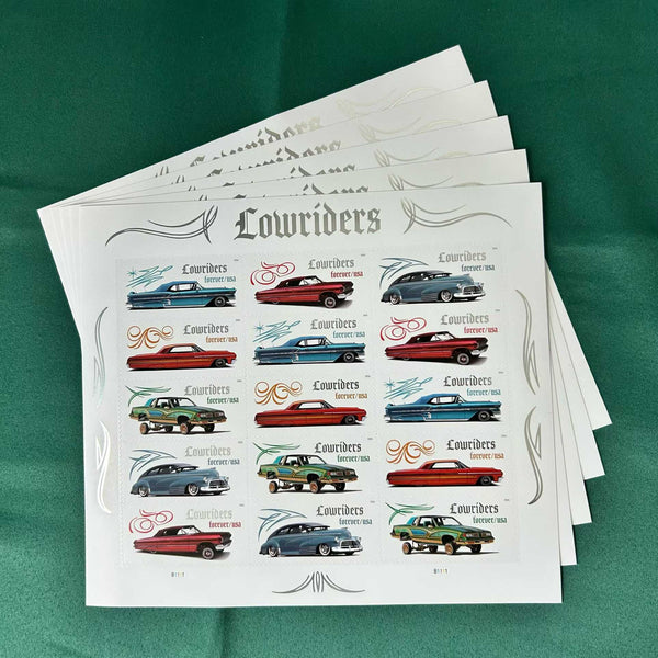 Stacked 2026 Lowriders Forever stamp sheets