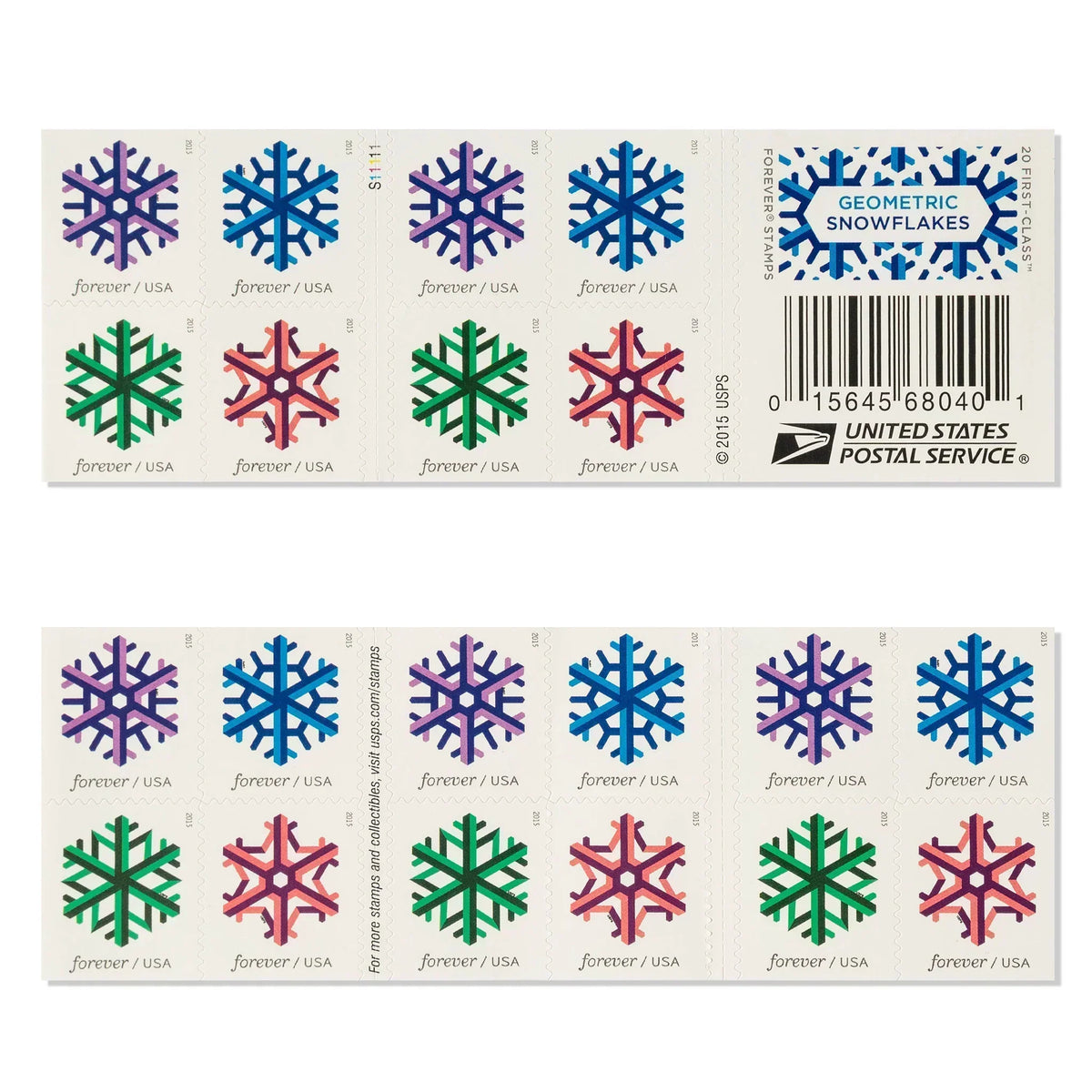 Geometric Snowflakes Forever stamp booklet Main image