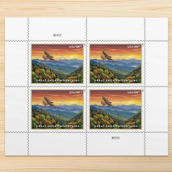 Great Smoky Mountains Priority Mail stamp pane of four Main image