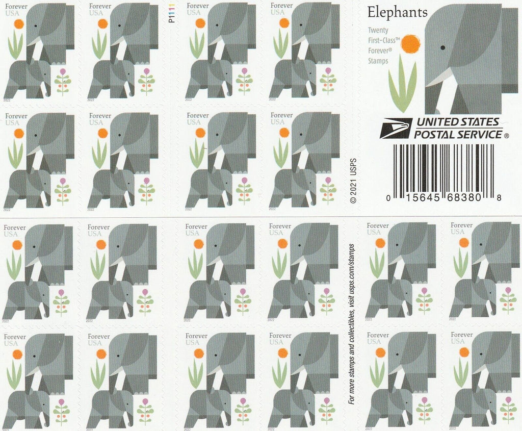 Cartoon elephants Forever stamp pane