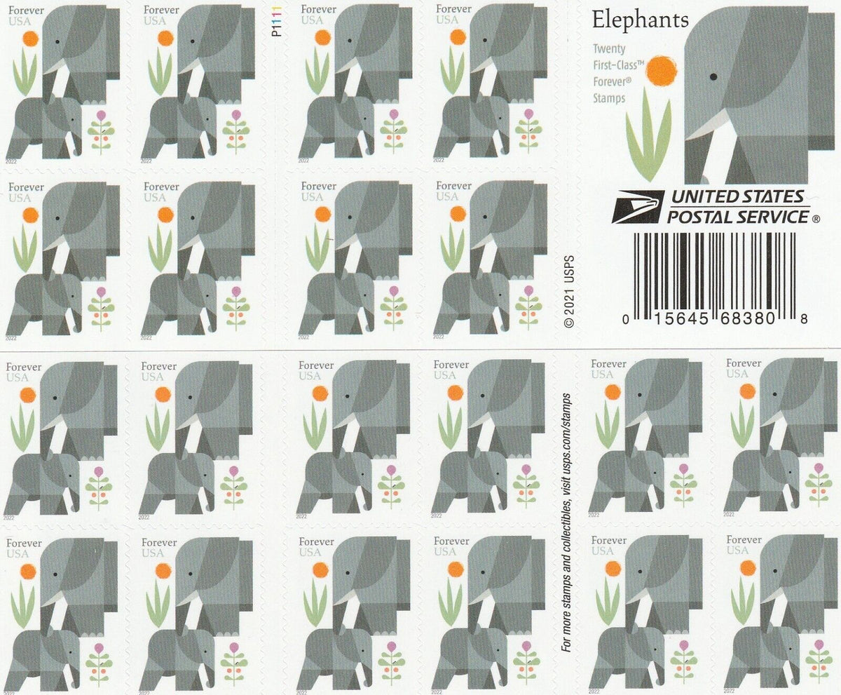 Cartoon elephants Forever stamp pane
