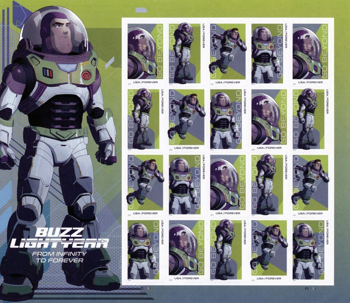 2022 Buzz Lightyear Go Beyond Forever stamp pane of 20 with four designs Main image