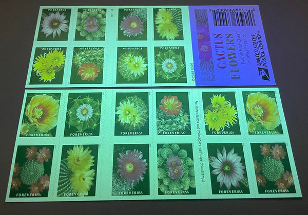 Cactus Flowers stamp sheet under ultraviolet authentication light