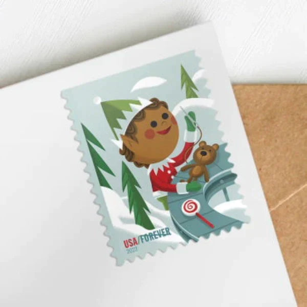 Holiday Elves Forever stamp on an envelope