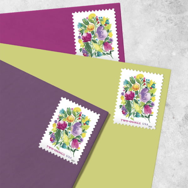 Three Wedding Blooms stamps shown on envelopes