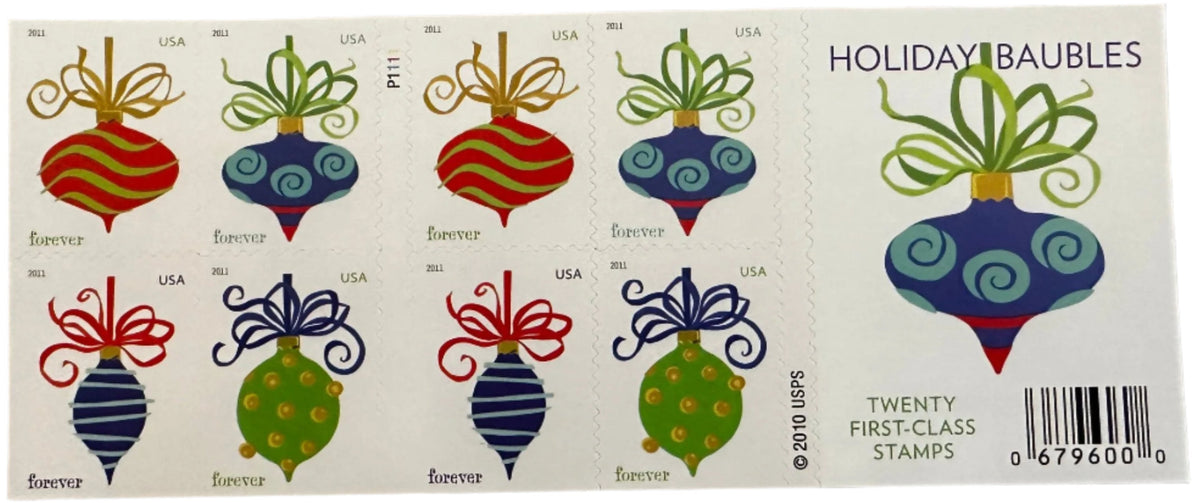 Holiday Baubles stamp booklet front and back