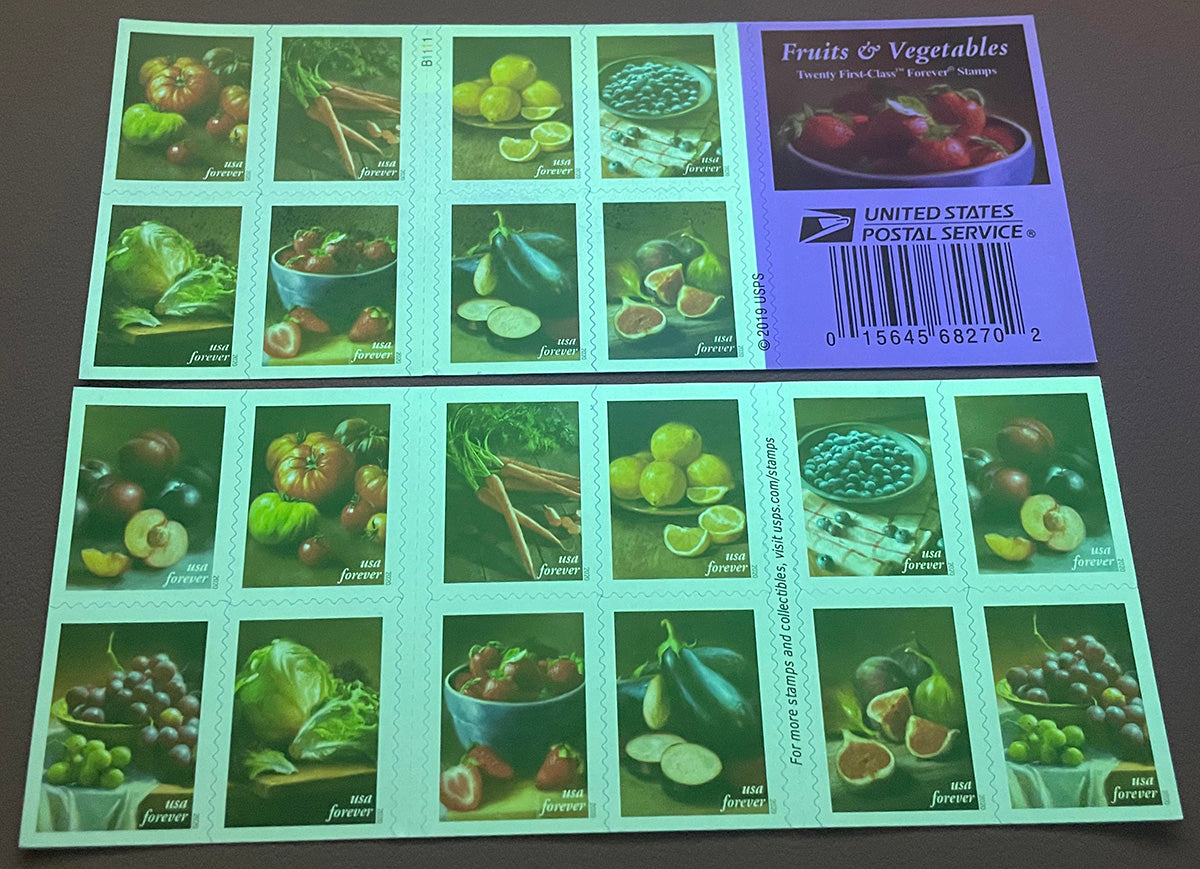 Fruits and Vegetables stamp sheet under ultraviolet authentication light
