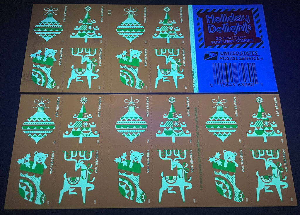Holiday Delights stamp booklet under ultraviolet light