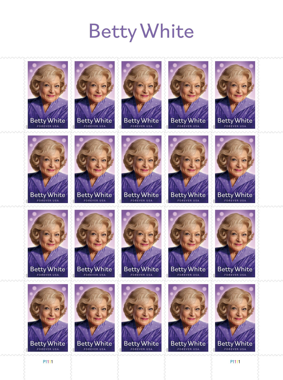 Betty White Forever stamp sheet with 20 identical stamps featuring the actress in a purple outfit, labeled "Betty White FOREVER USA" with perforated edges. Main image