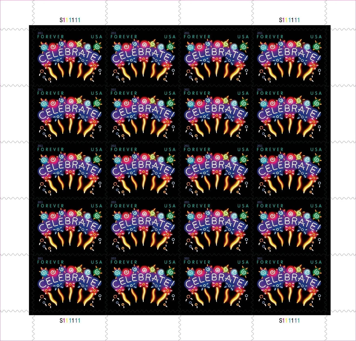 Sheet of 20 "CELEBRATE!" 2011 Forever USA stamps featuring colorful fireworks display with golden bursts and multicolored decorative elements on black background Main image