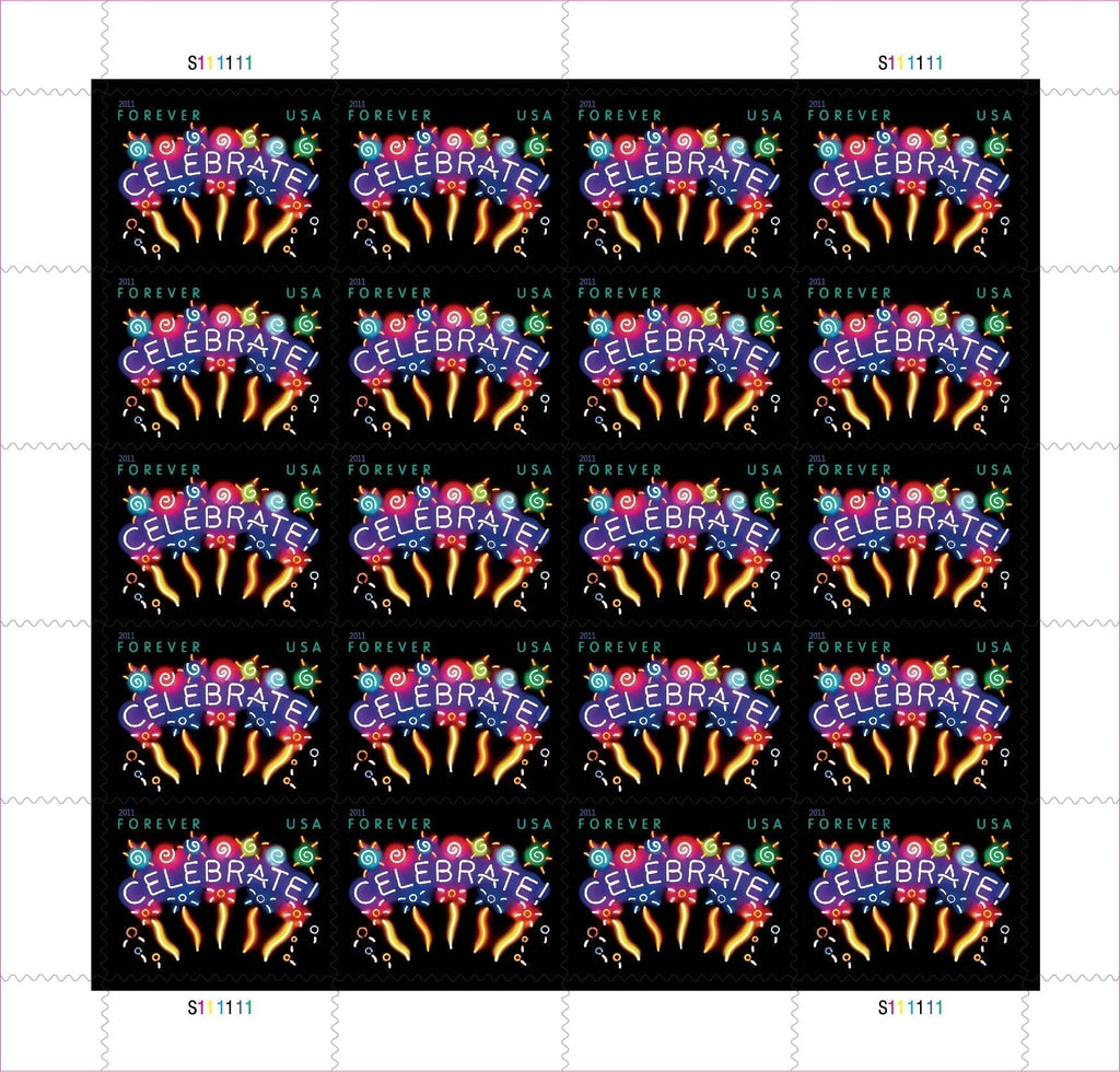Sheet of 20 "CELEBRATE!" 2011 Forever USA stamps featuring colorful fireworks display with golden bursts and multicolored decorative elements on black background