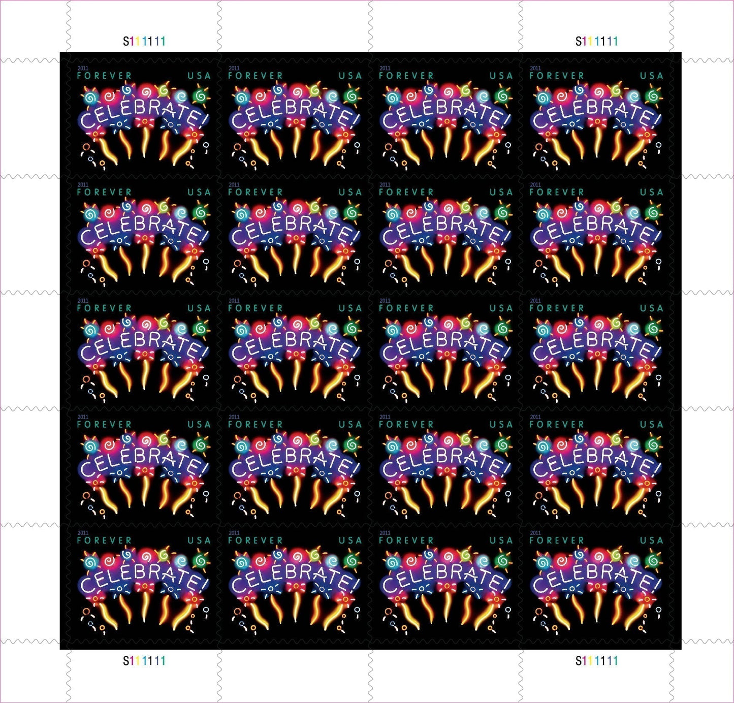 Sheet of 20 "CELEBRATE!" 2011 Forever USA stamps featuring colorful fireworks display with golden bursts and multicolored decorative elements on black background