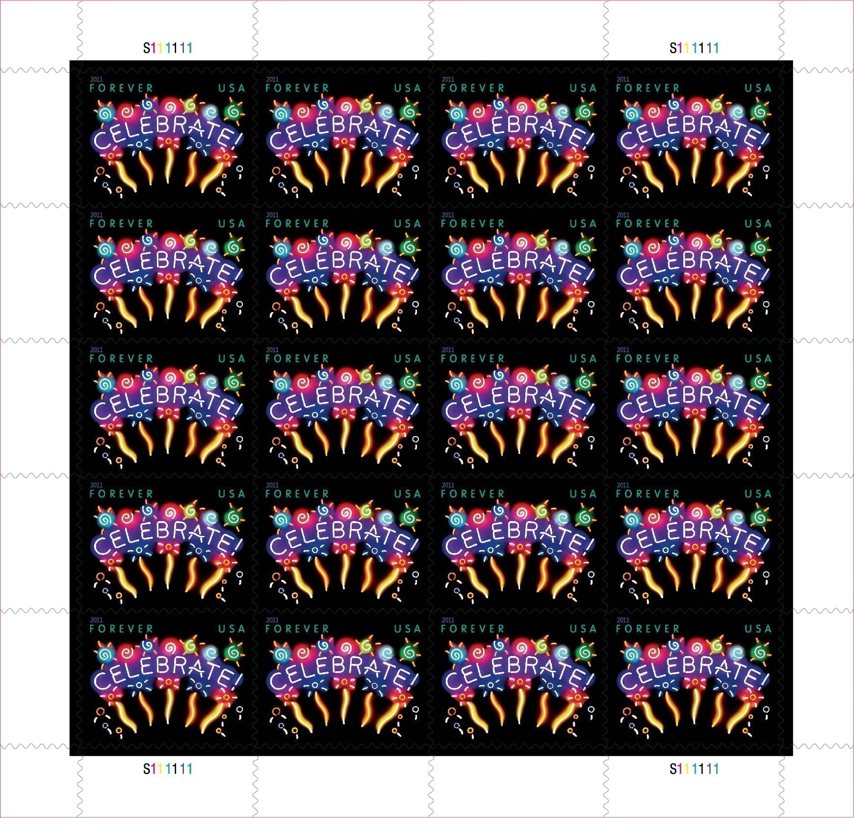 Sheet of 20 "CELEBRATE!" 2011 Forever USA stamps featuring colorful fireworks display with golden bursts and multicolored decorative elements on black background