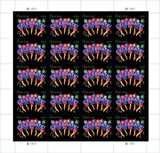 Sheet of 20 "CELEBRATE!" 2011 Forever USA stamps featuring colorful fireworks display with golden bursts and multicolored decorative elements on black background