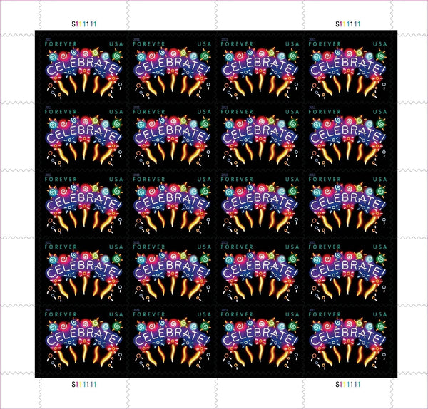 Sheet of 20 "CELEBRATE!" 2011 Forever USA stamps featuring colorful fireworks display with golden bursts and multicolored decorative elements on black background