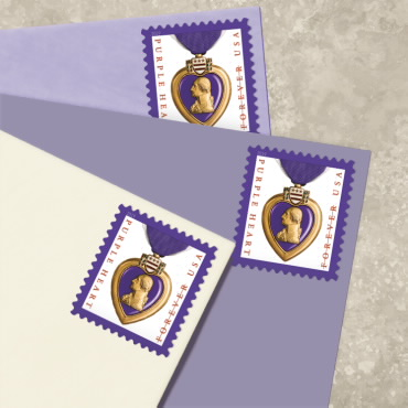 Three Purple Heart Medal stamps shown on envelopes