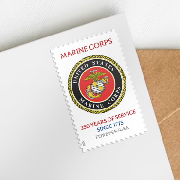 Marine Corps 250th anniversary stamp on an envelope