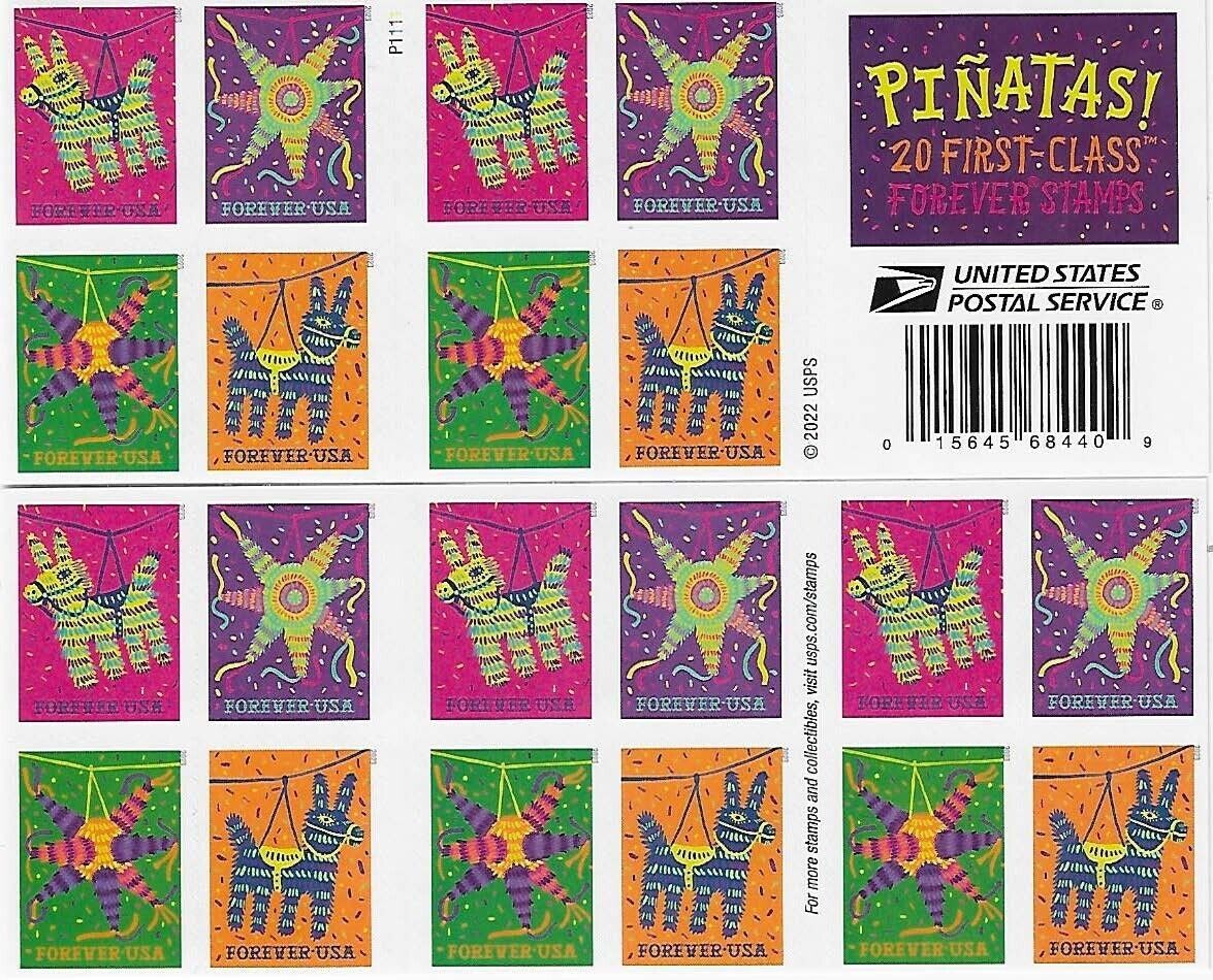 USPS Piñatas Forever stamp booklet of 20 with four colorful designs Main image