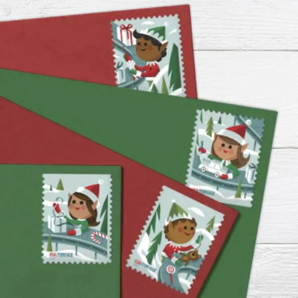 Three Holiday Elves Forever stamps on envelopes