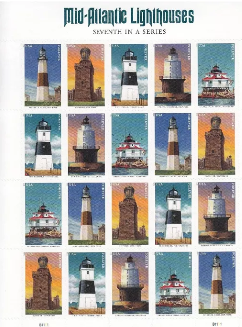 Mid-Atlantic Lighthouses Forever stamp sheet Main image