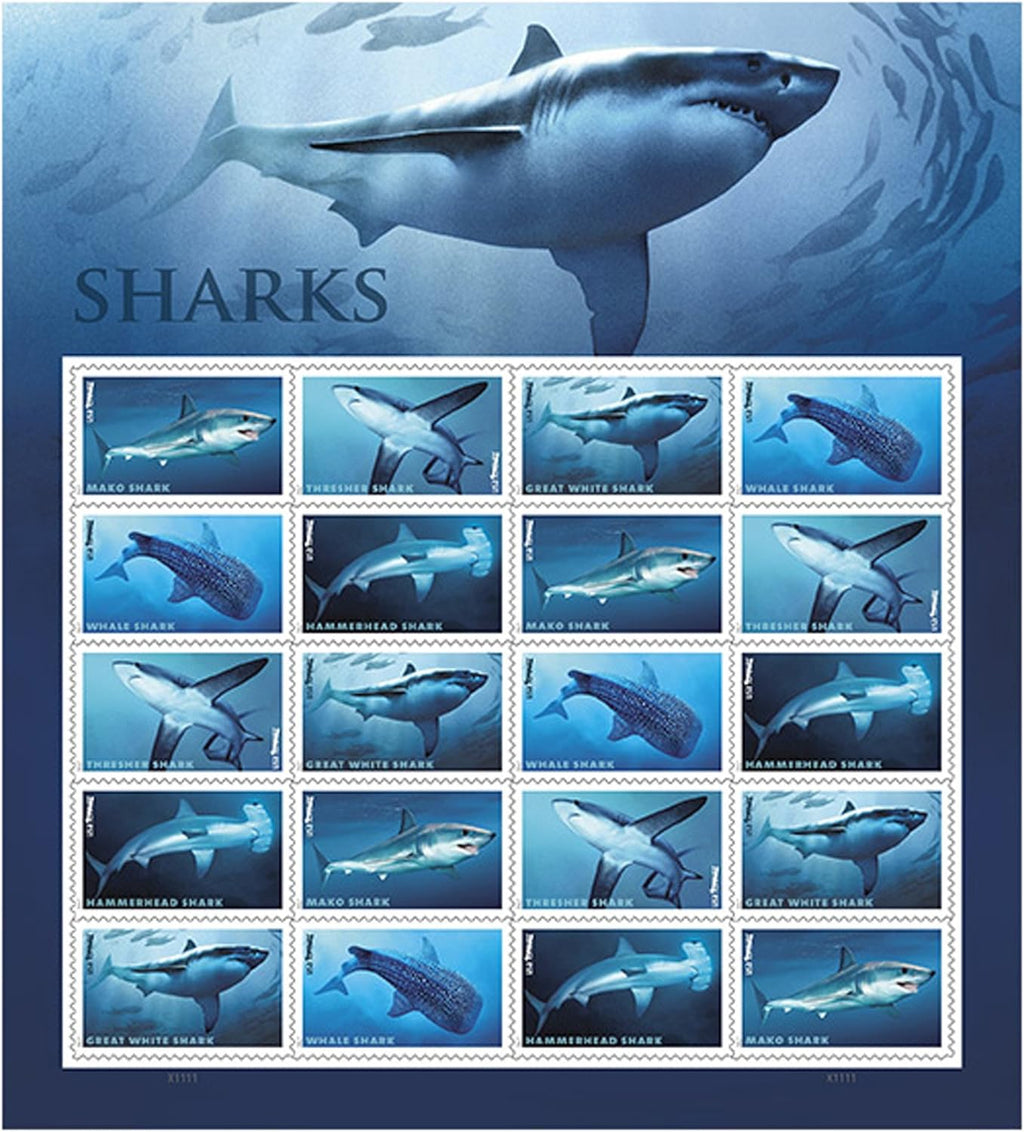 Sharks Forever stamp sheet with marine species designs