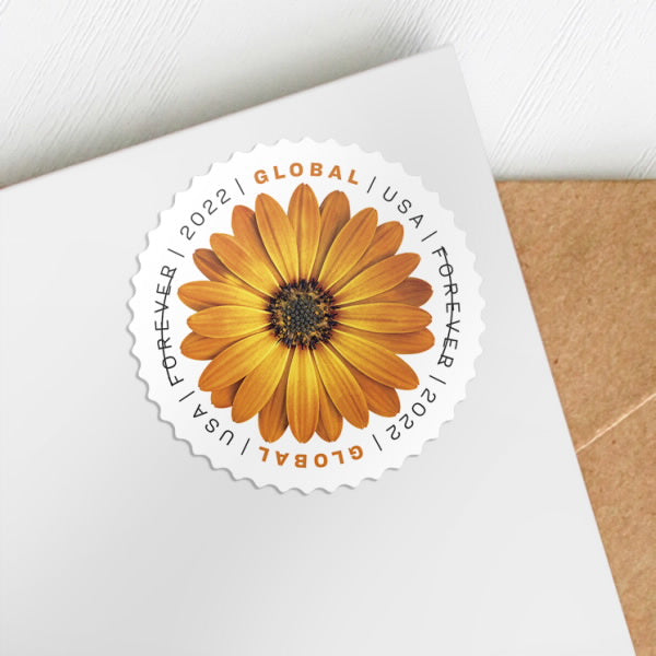 Global African Daisy stamp on an envelope