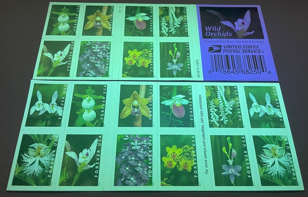 Wild Orchids stamp booklet under ultraviolet authentication light