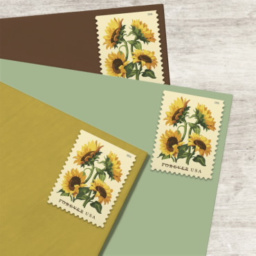 Three Sunflowers Forever stamps shown on envelopes