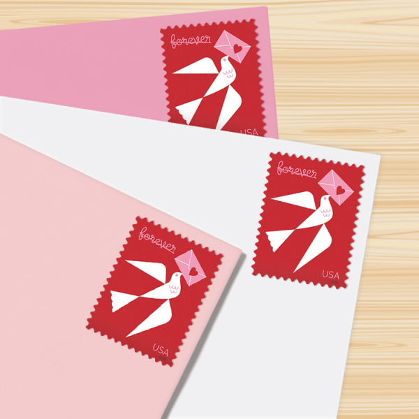 Three 2024 Love Forever stamp designs on envelopes